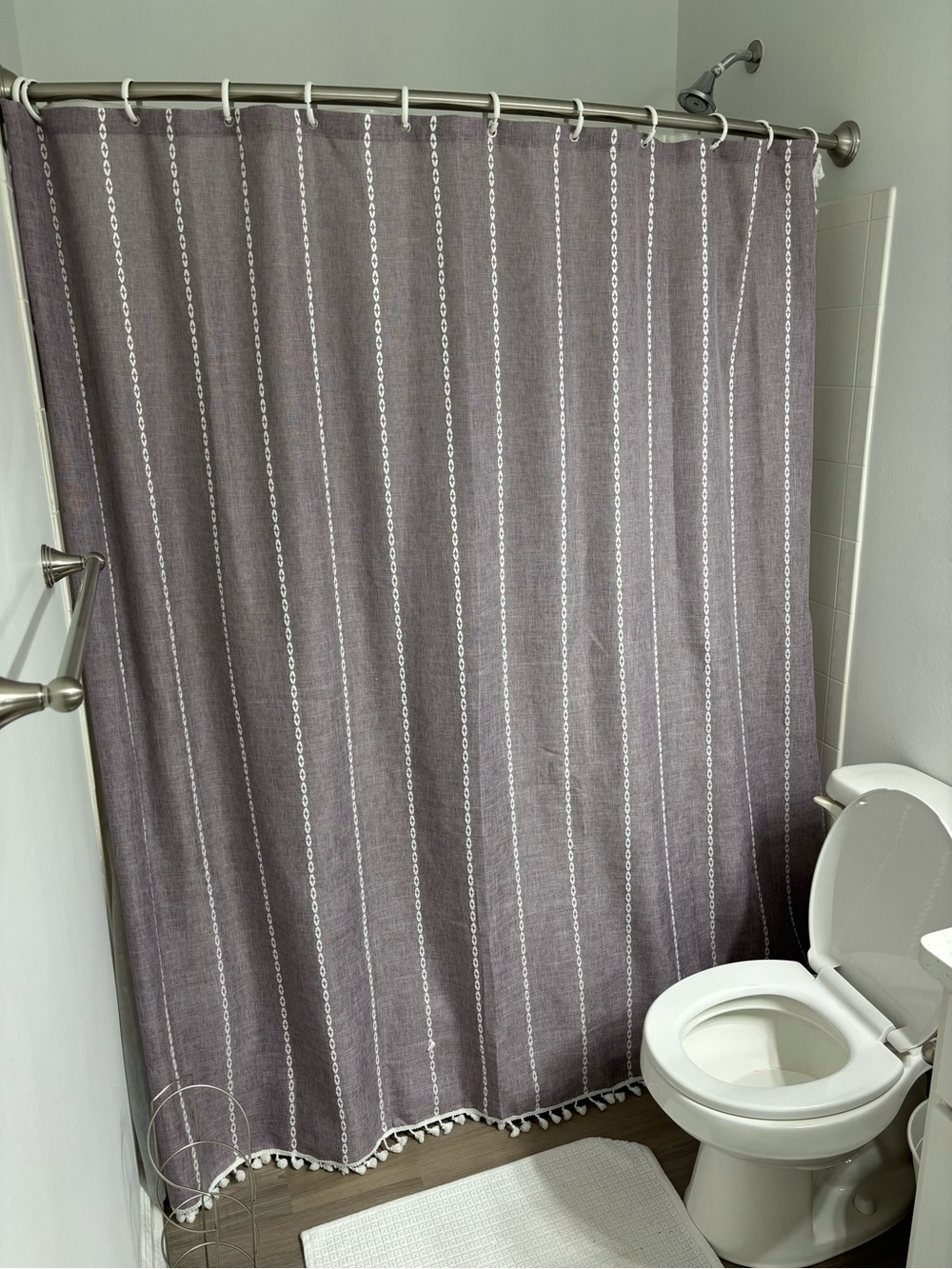 Purple and white shower curtain